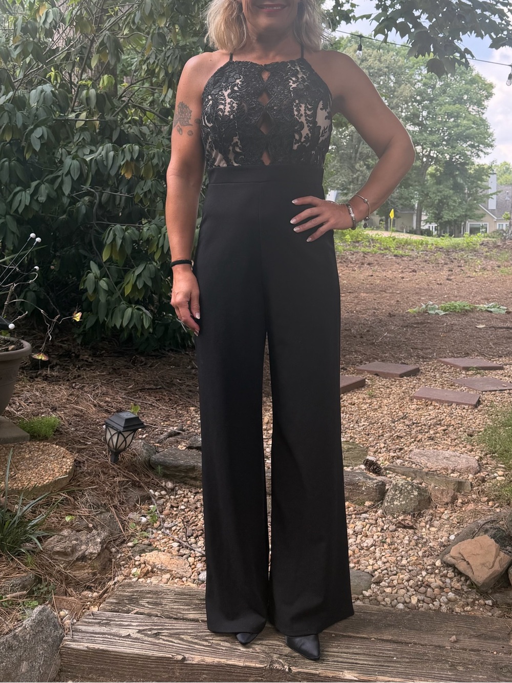 Black Lace Halter Wide-Leg Jumpsuit